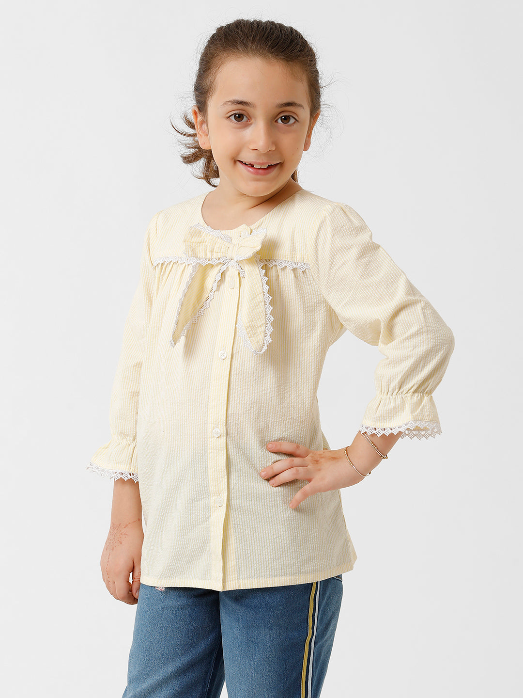Girls Seersucker Striped Bow Top