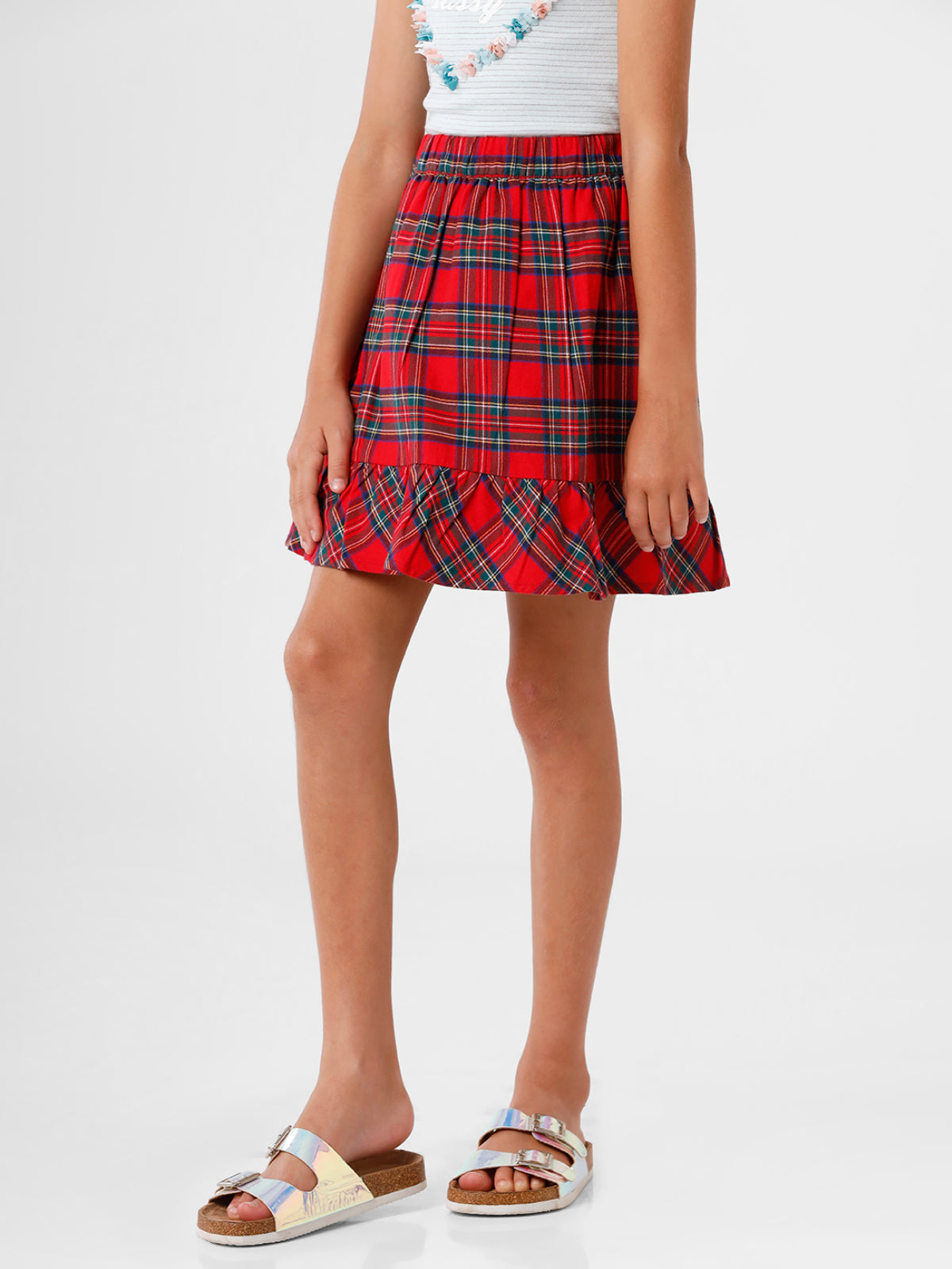 Red Checked Knee Length Skirt