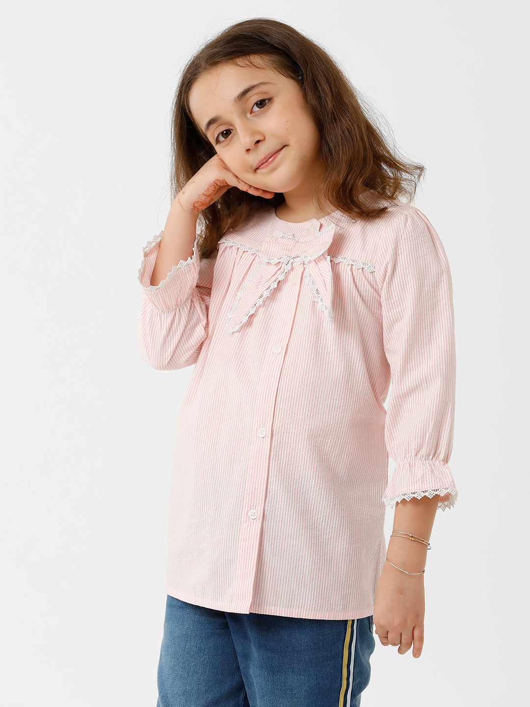 Girls Seersucker Striped Bow Top