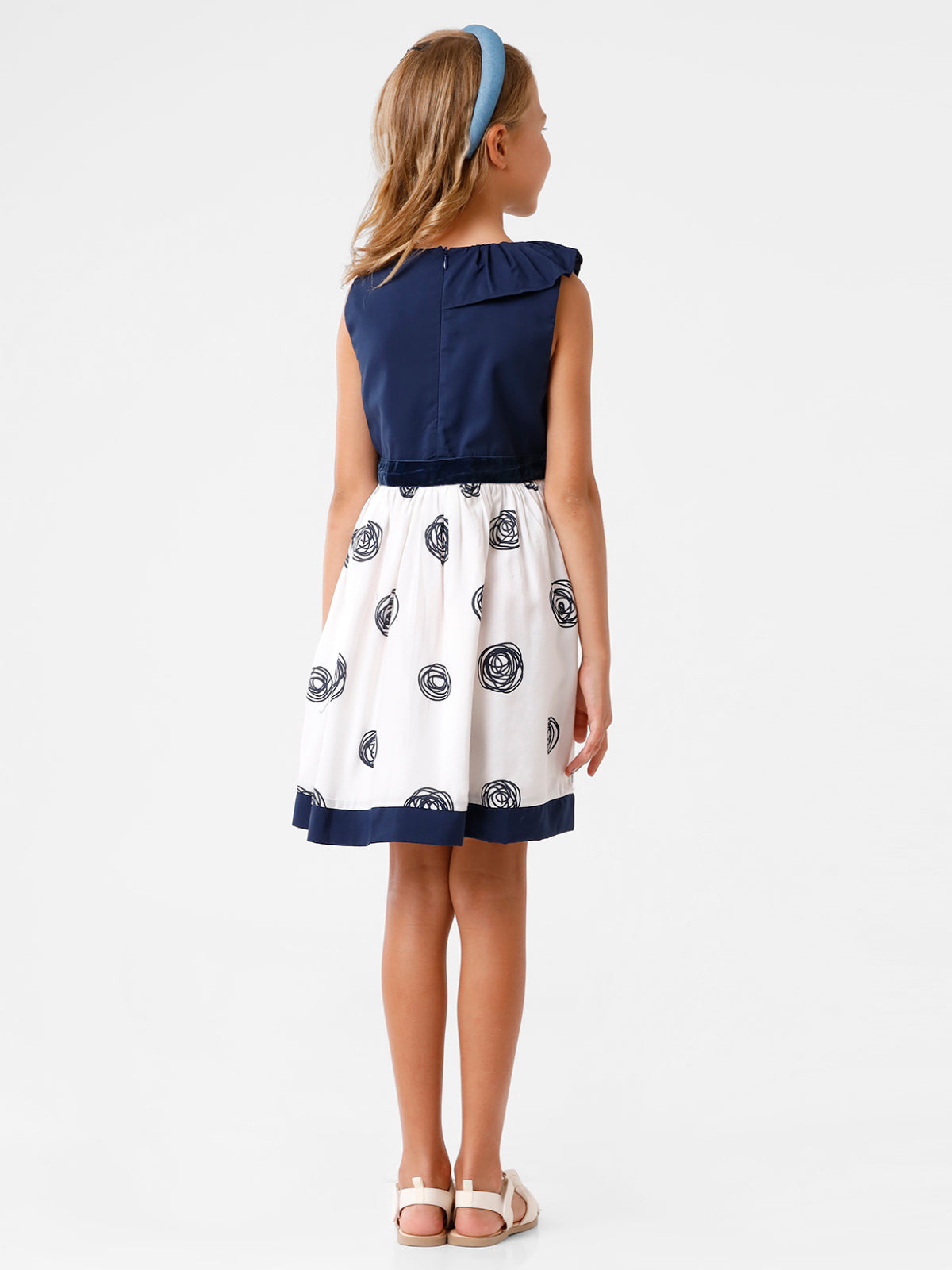White & Navy Floral Printed Dress