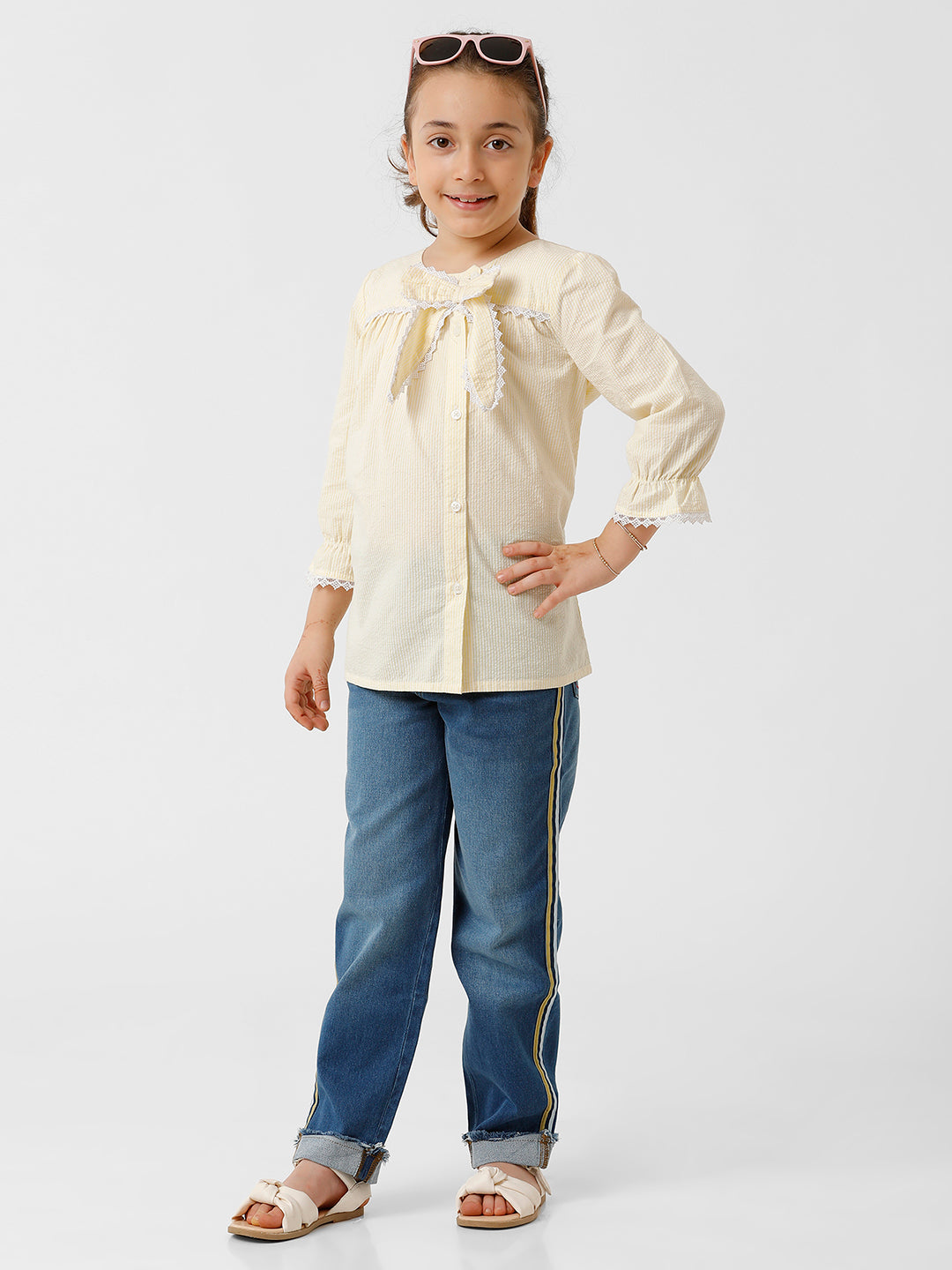 Girls Seersucker Striped Bow Top