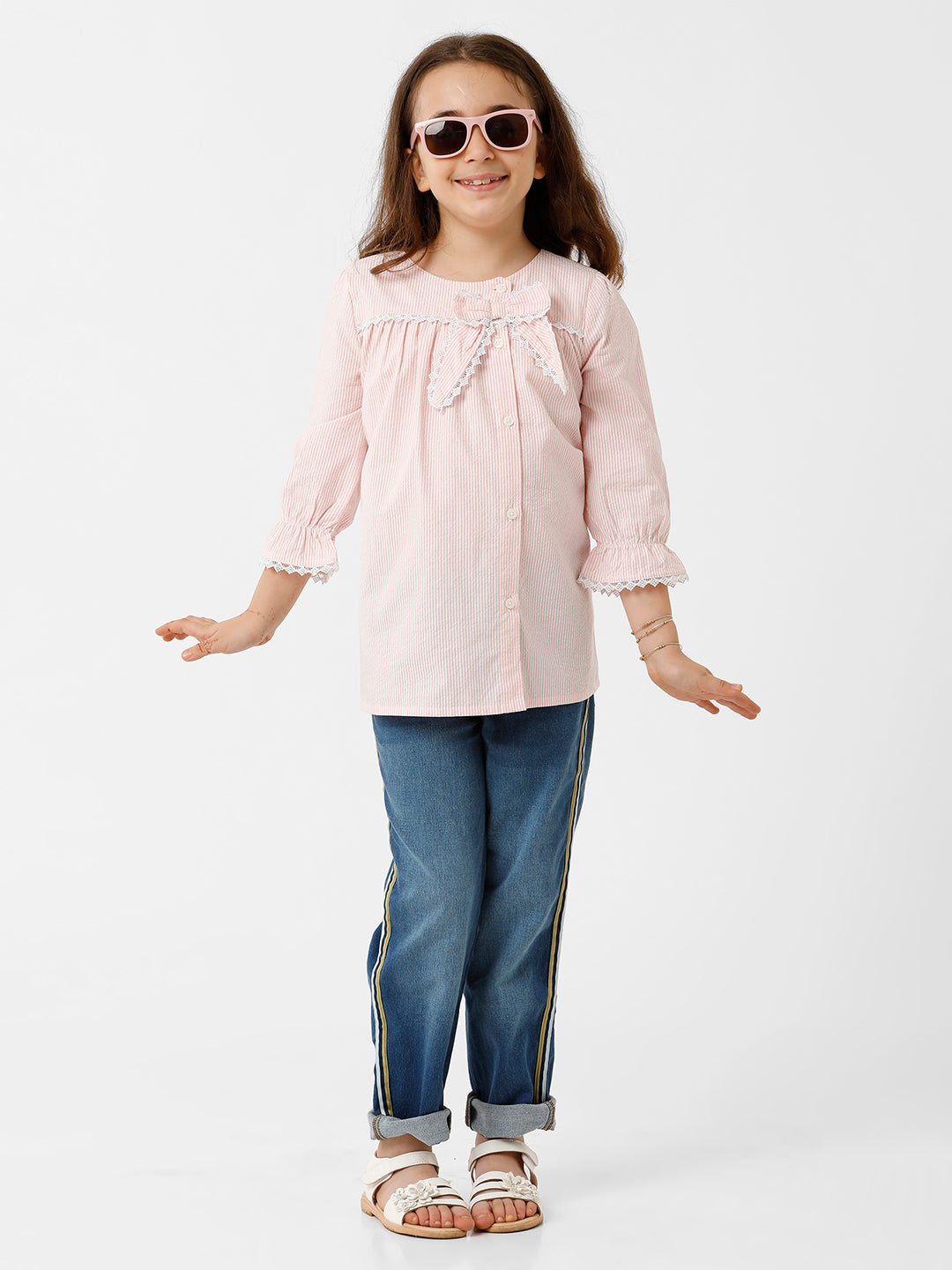 Girls Seersucker Striped Bow Top