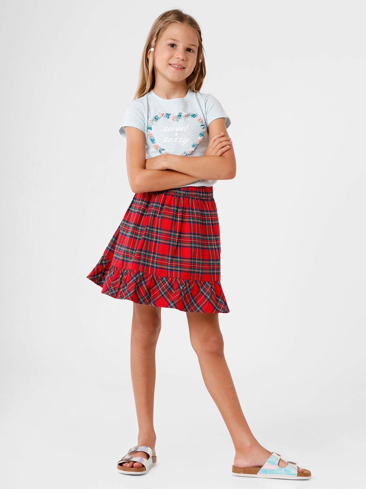 Red Checked Knee Length Skirt