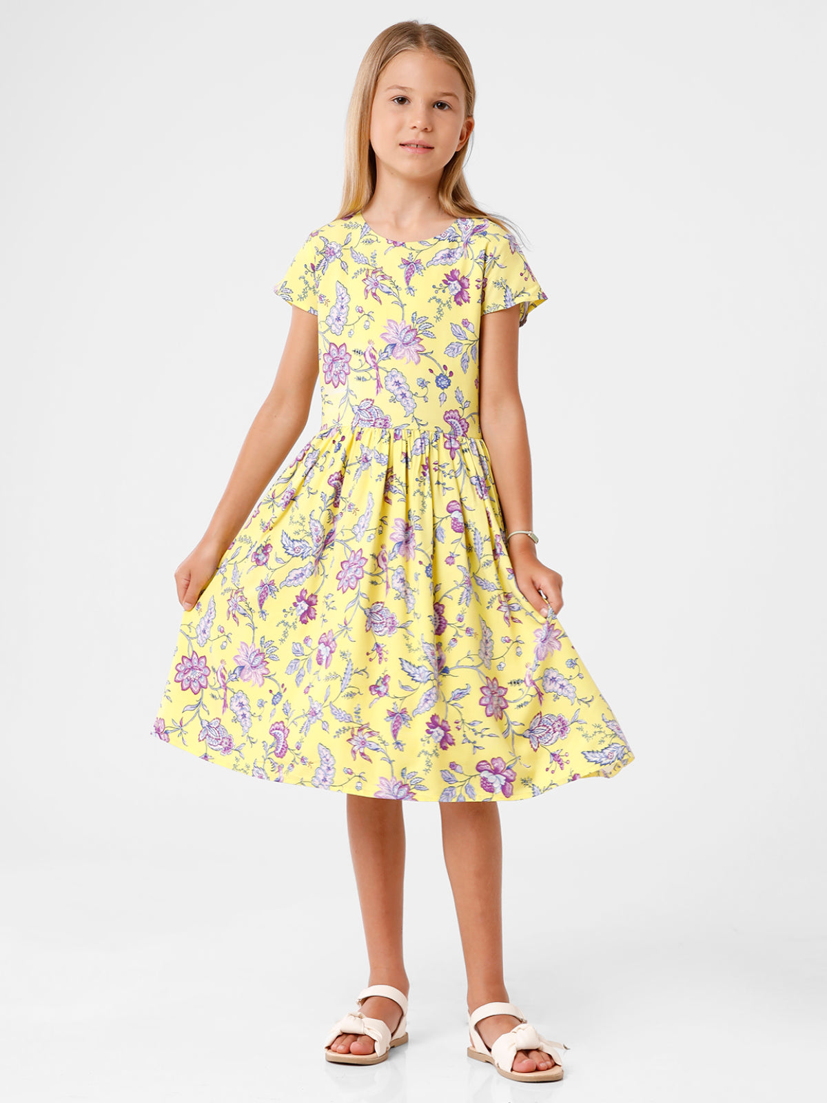 Yellow and Purple Floral Printed Dress