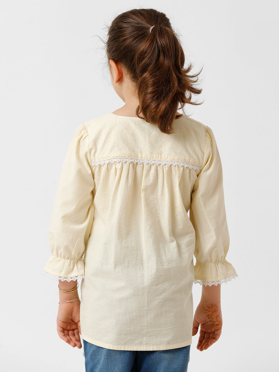 Girls Seersucker Striped Bow Top