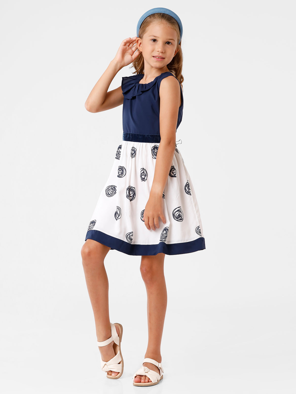 White & Navy Floral Printed Dress