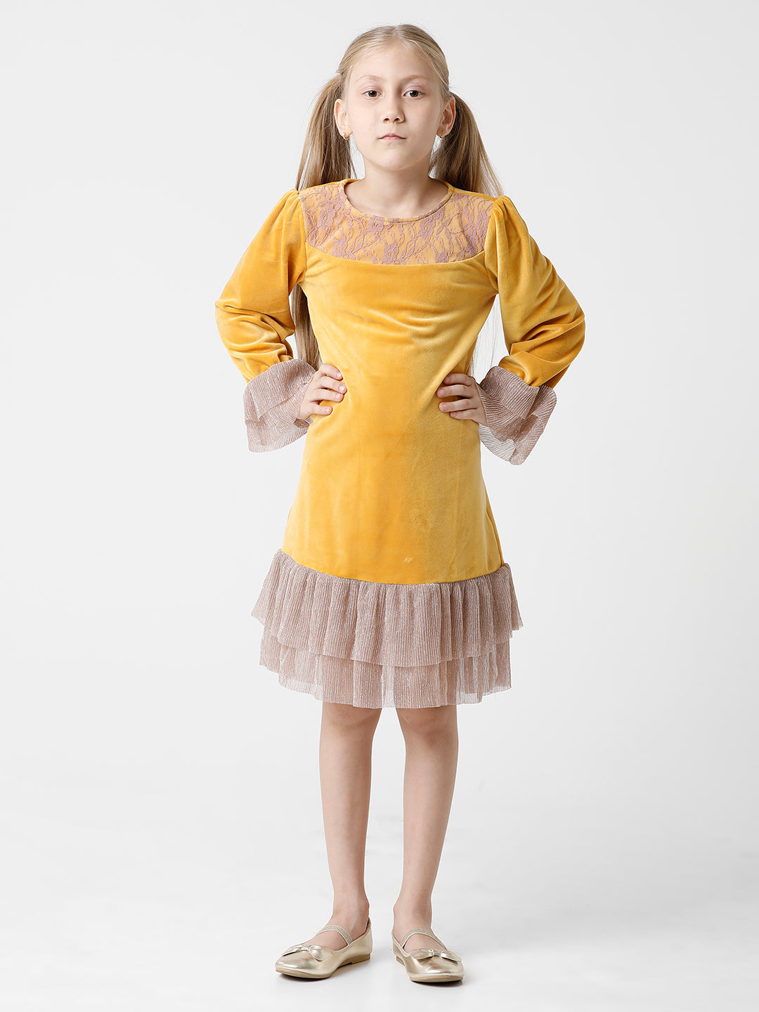 Mustard Velour Dress with Layered Bottom
