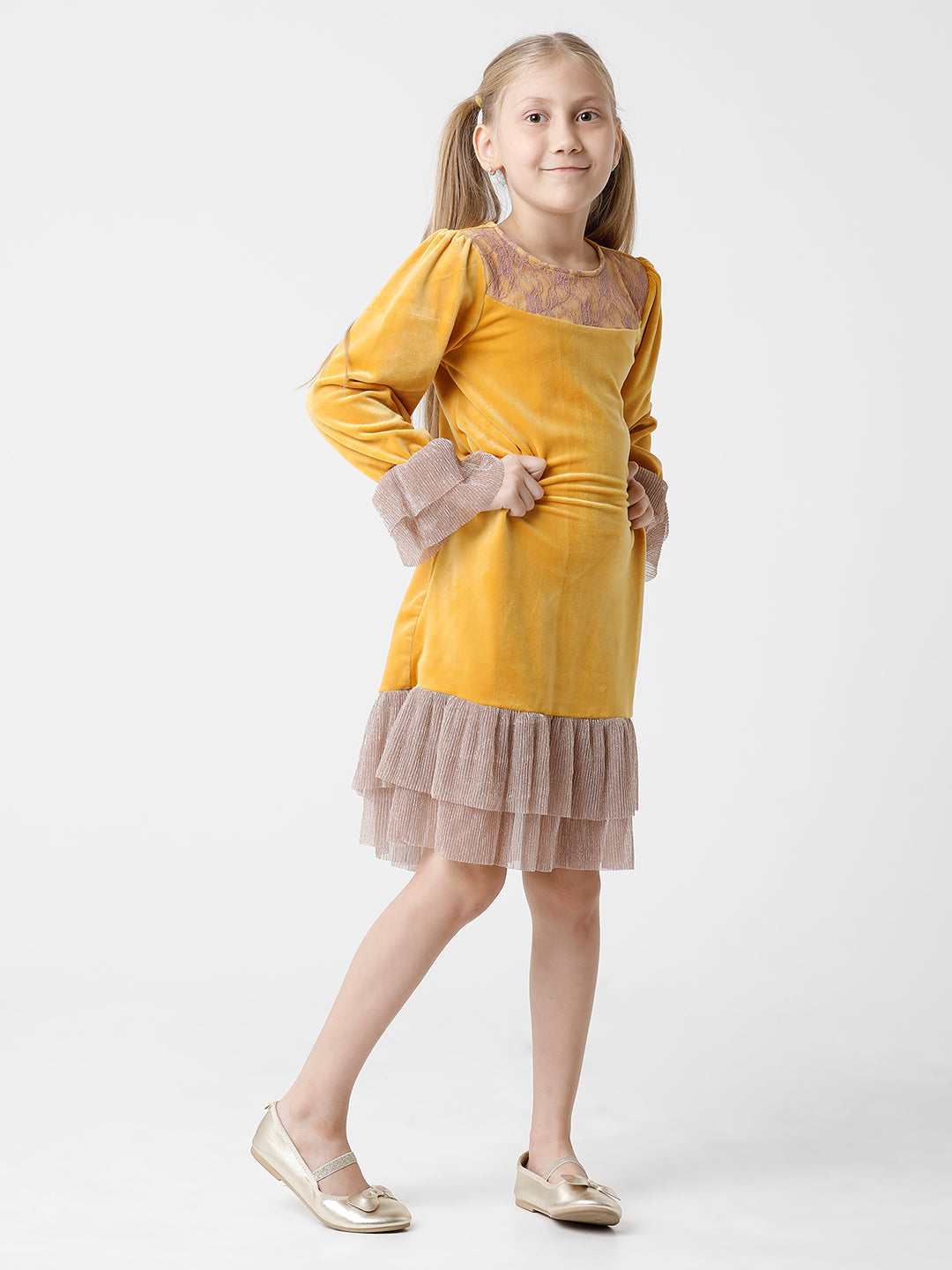 Mustard Velour Dress with Layered Bottom