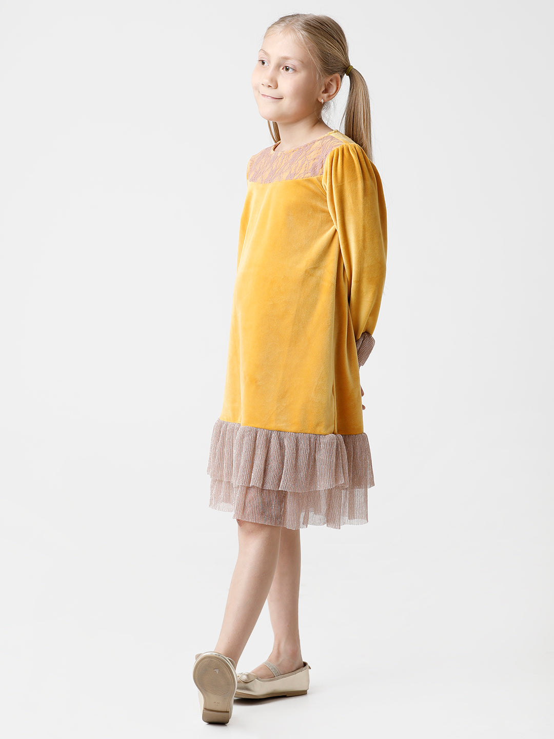 Mustard Velour Dress with Layered Bottom