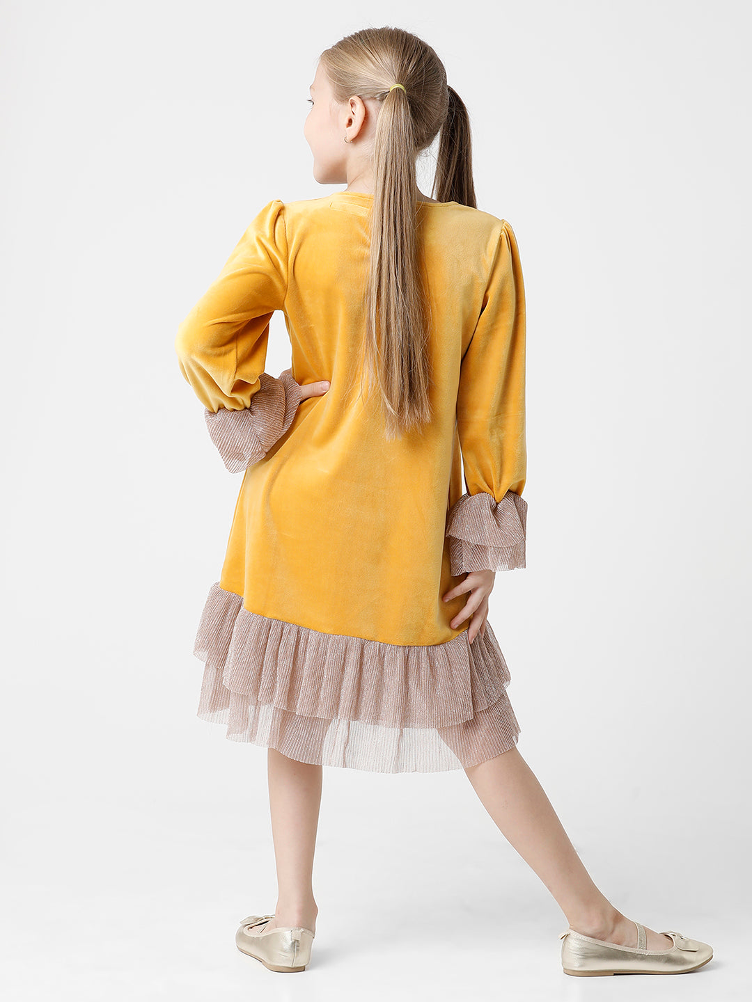Mustard Velour Dress with Layered Bottom