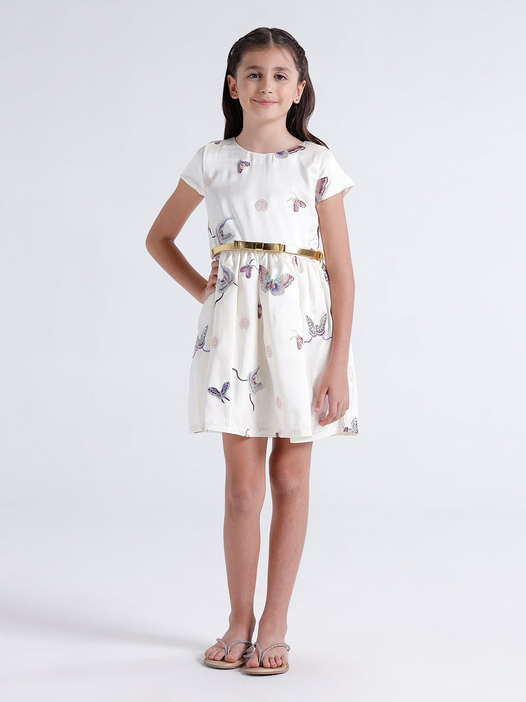 Girls all over embroidered dress with Gold belt