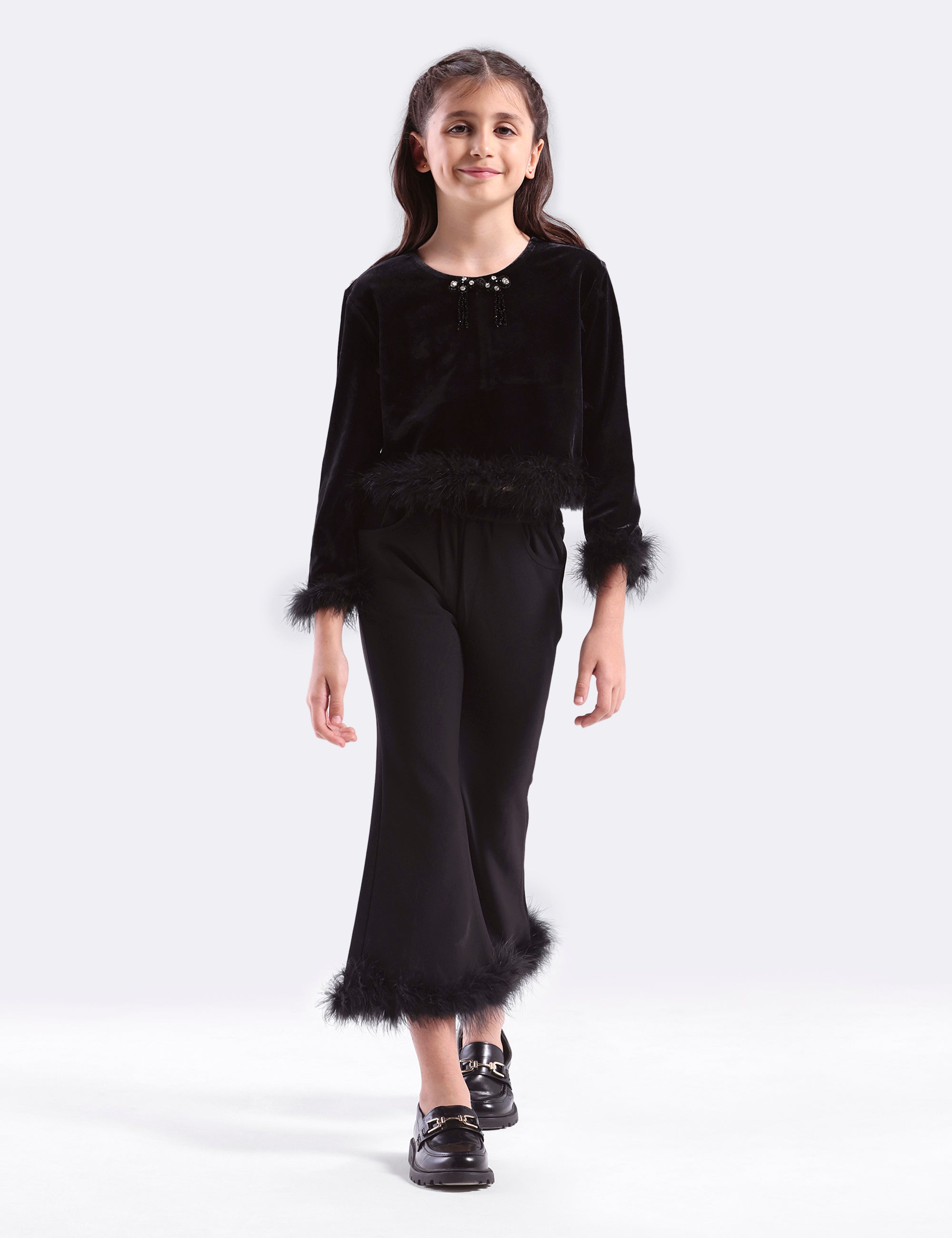 Girls Velvett Top & Pant with Fur Hem