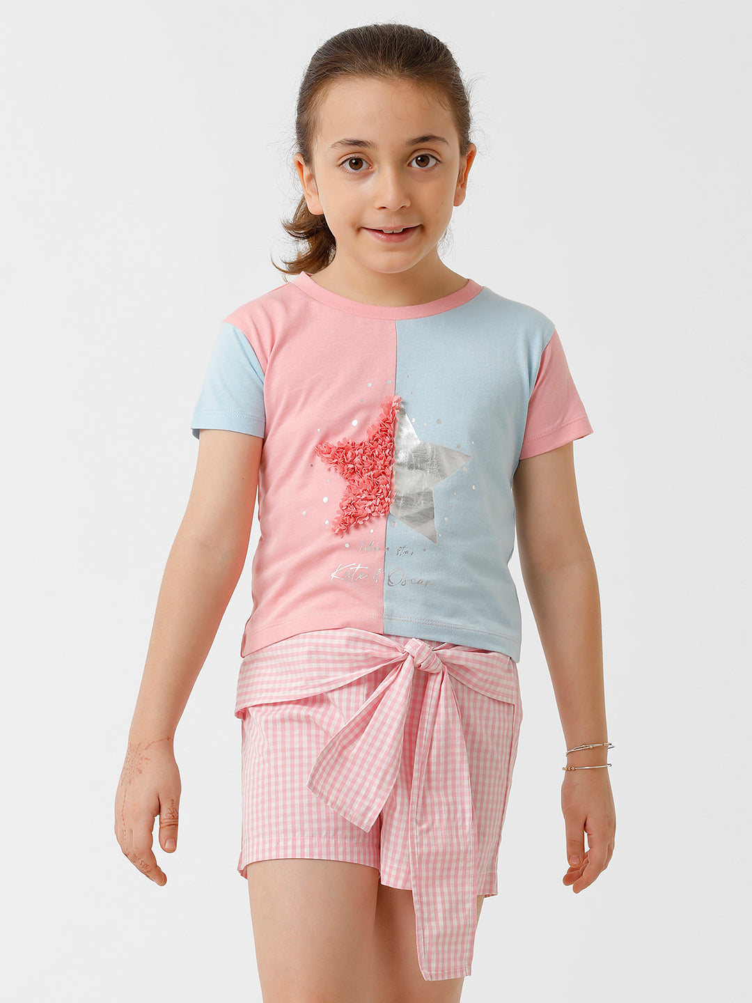 Girls Cut and Sew Contrast Star printed T-shirt