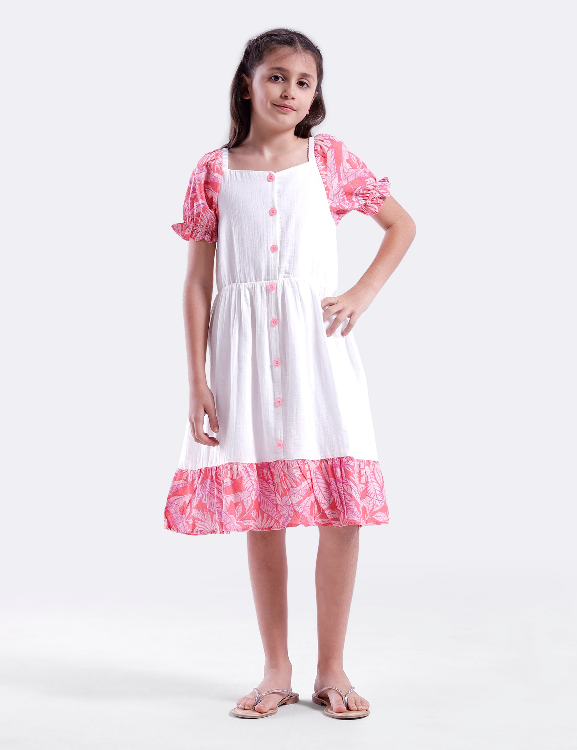 Girls solid dress with contrast printed sleeve and hem