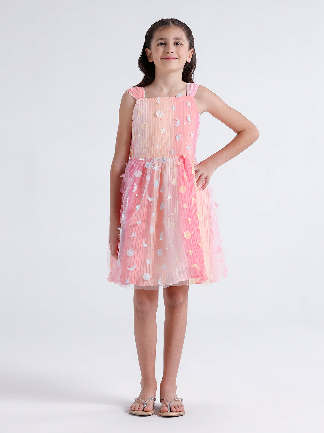 Girls lace dress with pleated multicolour lining