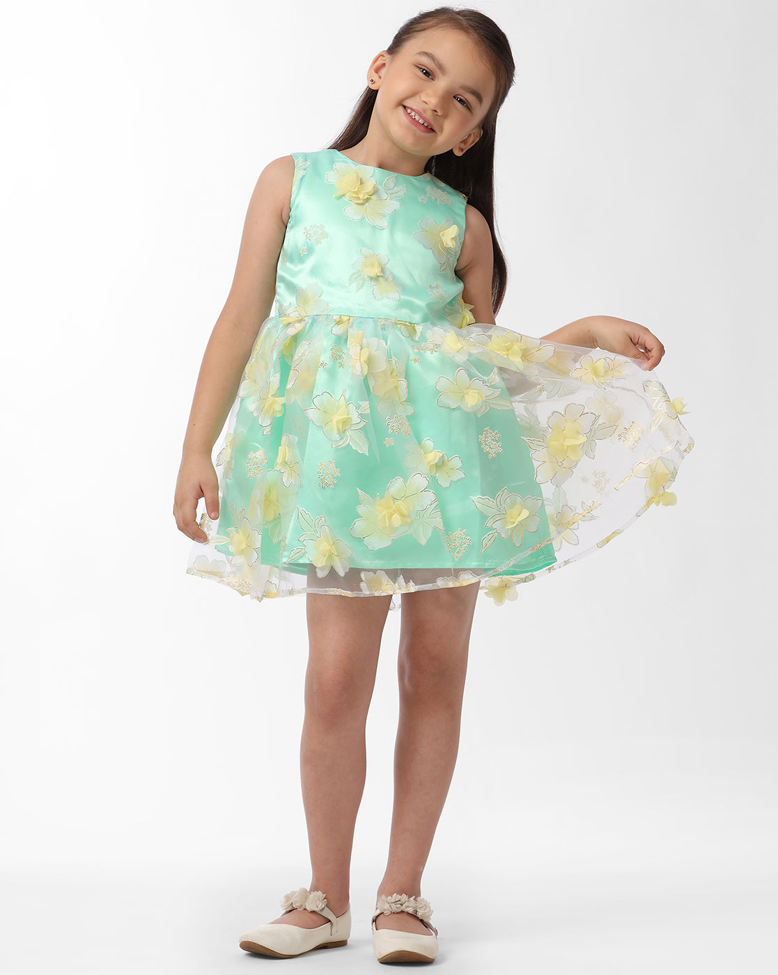 Girls Mesh Dress With 3D flowers