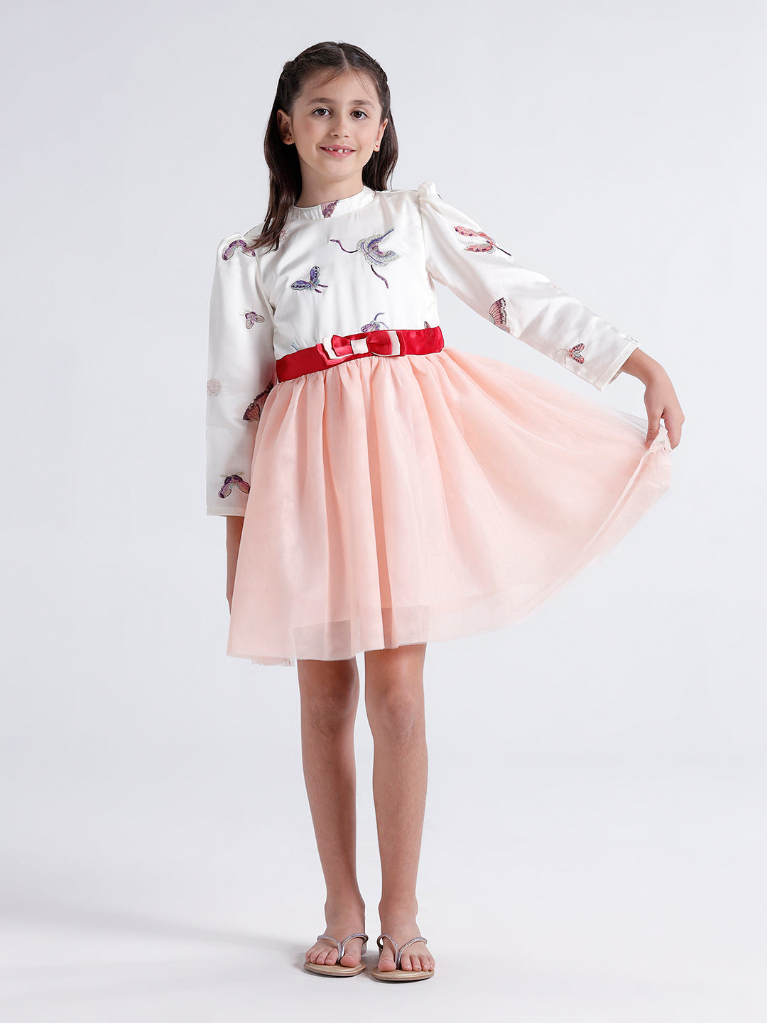 Girls Dress with Embroidered top & Mesh botton