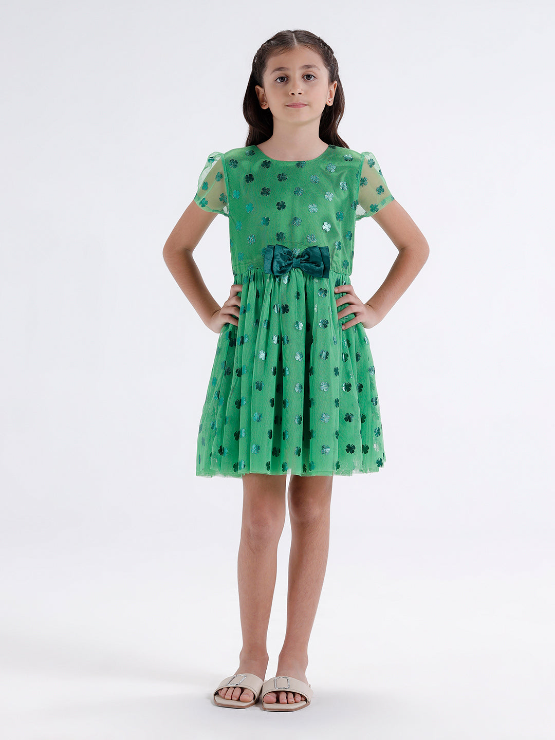 Girls foil print Mesh dress