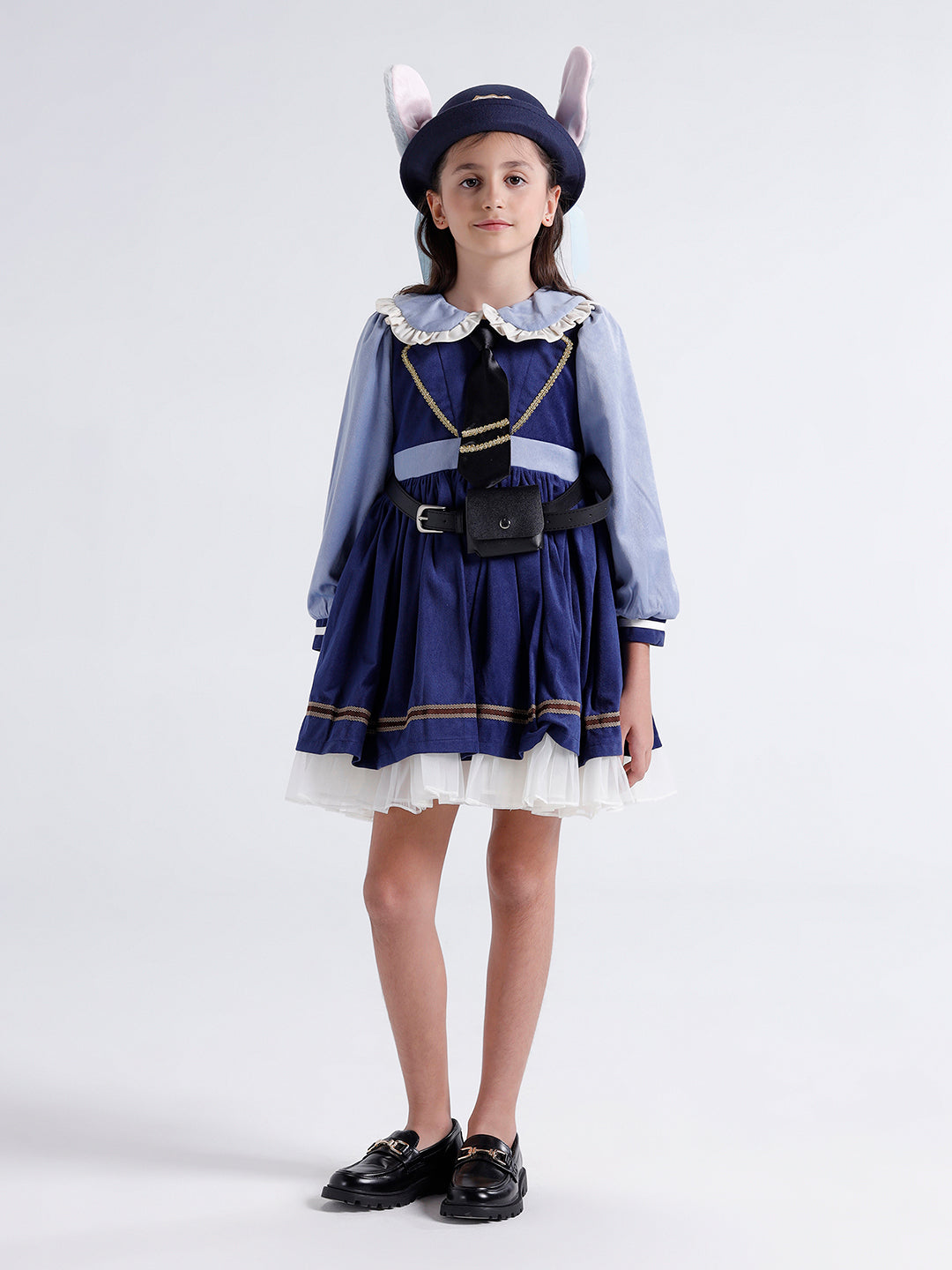 Girls Dress with Tie, Belt, pouch & Cap