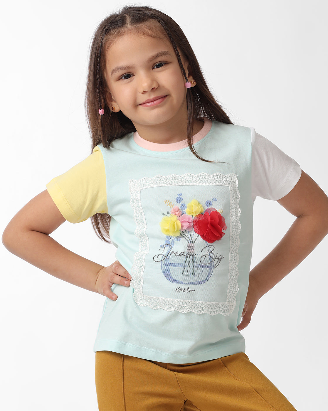 Girls Colour Block Tee With 3D Flower Graphic