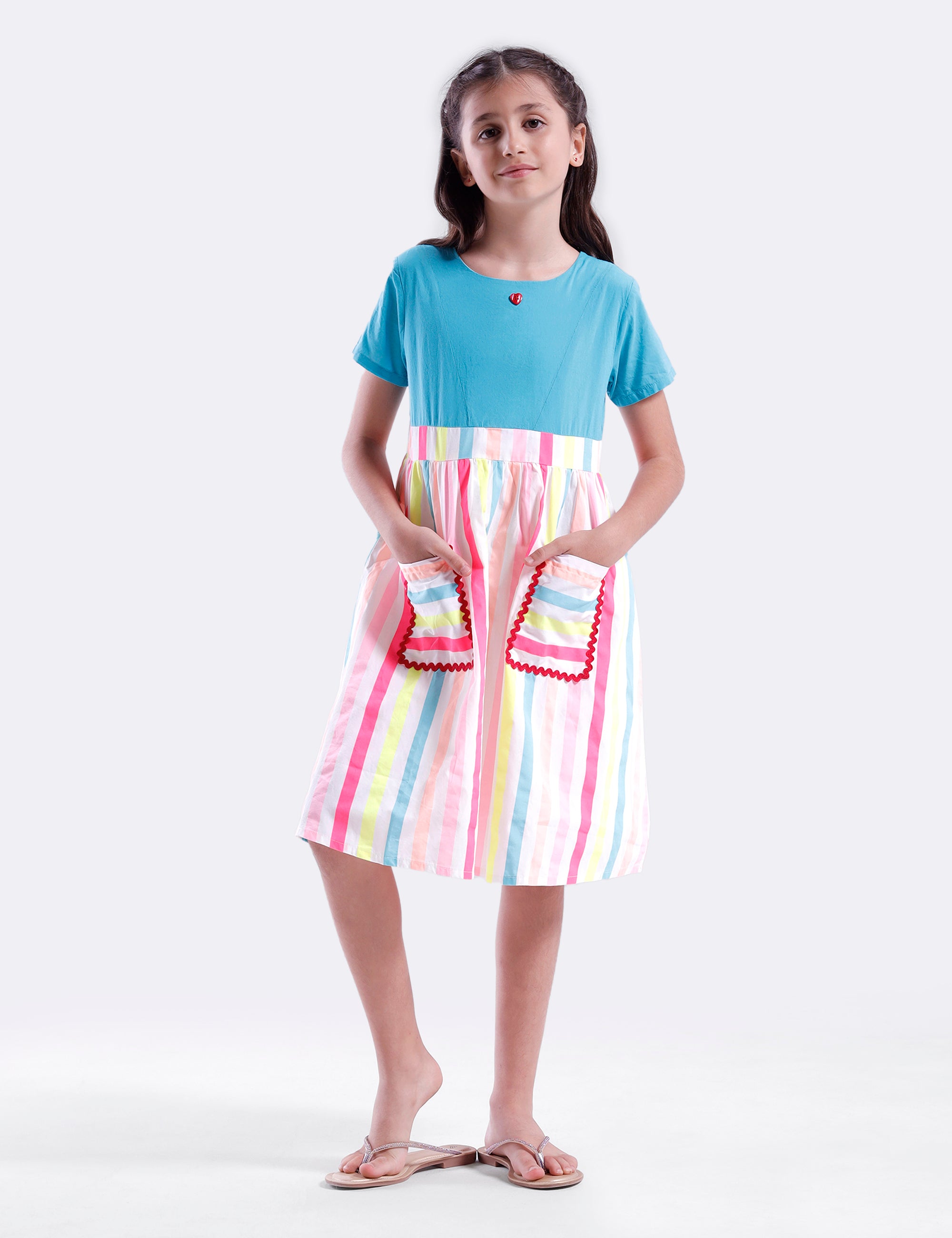 Girls dress with solid bodice & multicol stripe skirt