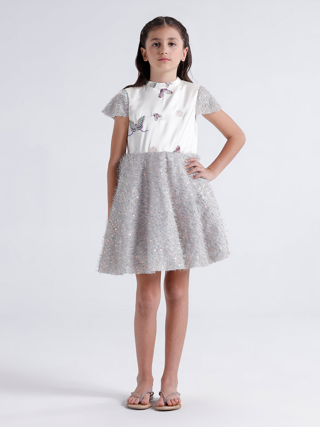 Girls Dress with Embroidered top & Fur botton