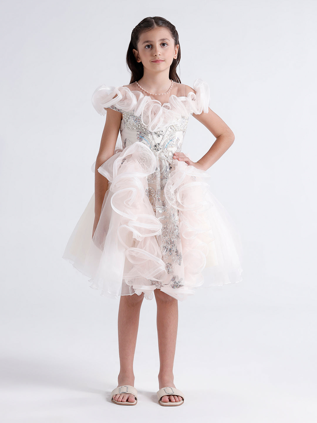Girls long Dress with Glass beads embroidery with ruffles