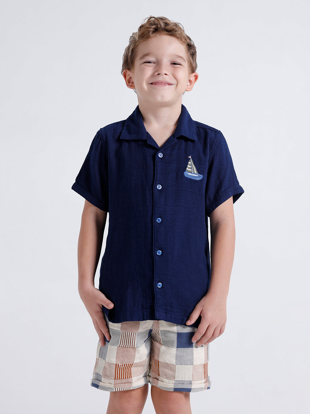 Boys short sleeve open collar shirt with chest embroidery