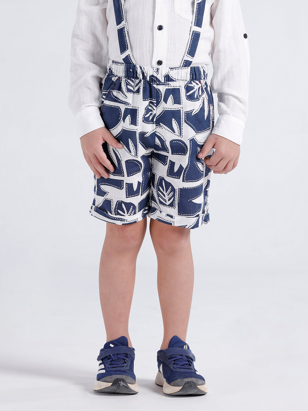 Boys printed shorts with self fabric suspenders