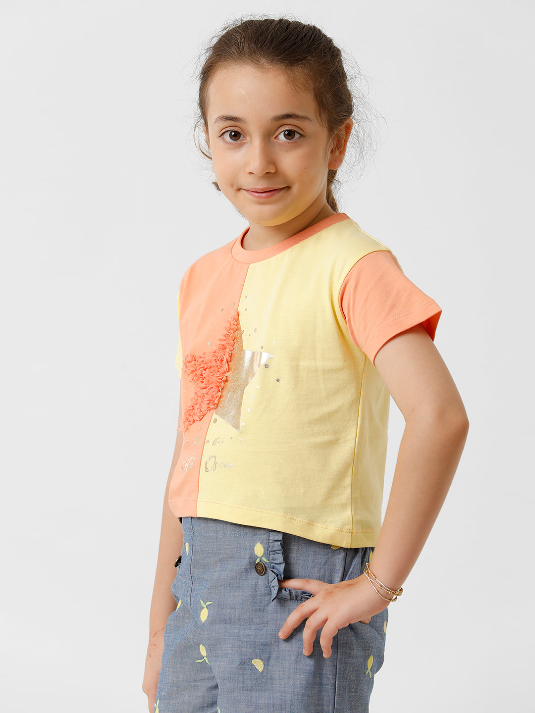 Girls Cut and Sew Contrast Star printed T-shirt