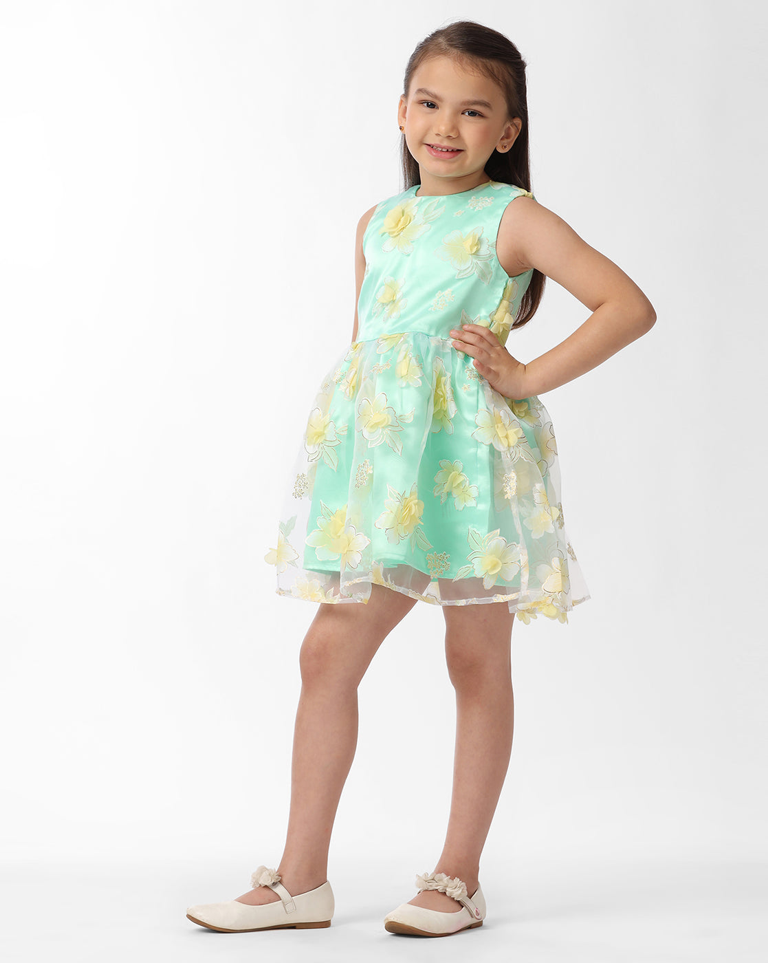 Girls Mesh Dress With 3D flowers