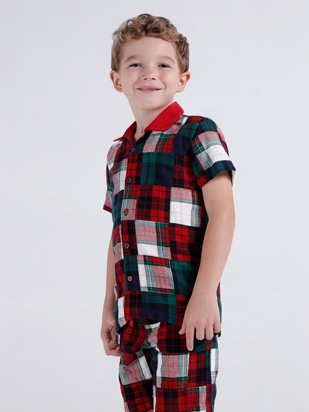 Boys short sleeve open collar patchwork shirt