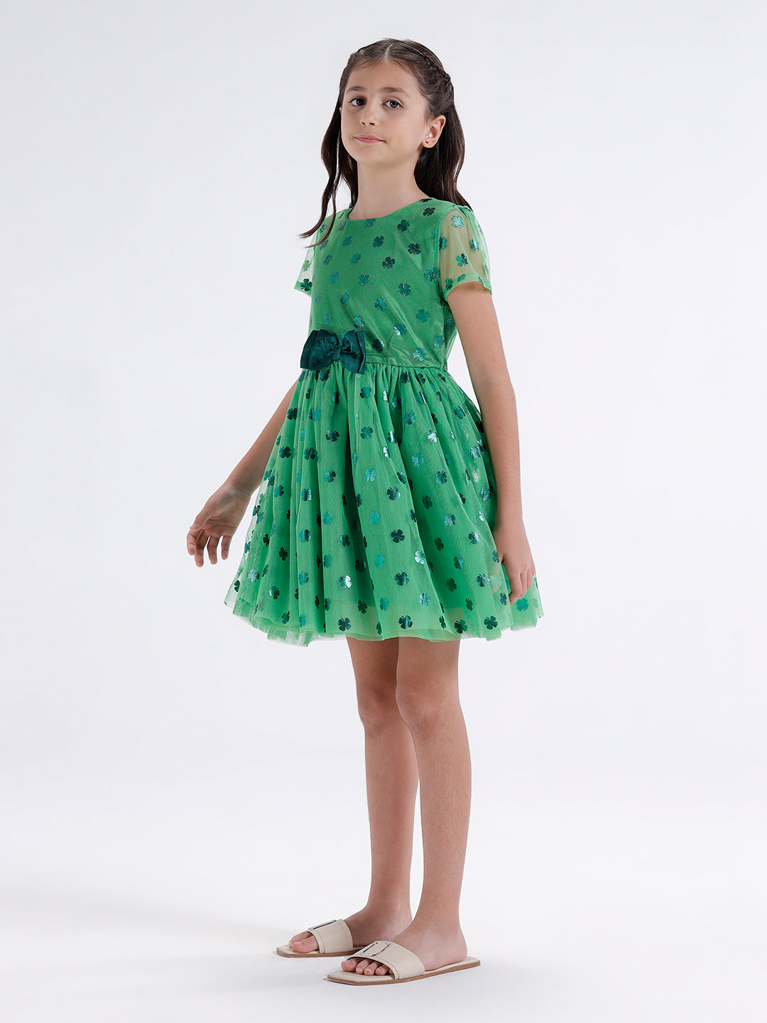 Girls foil print Mesh dress