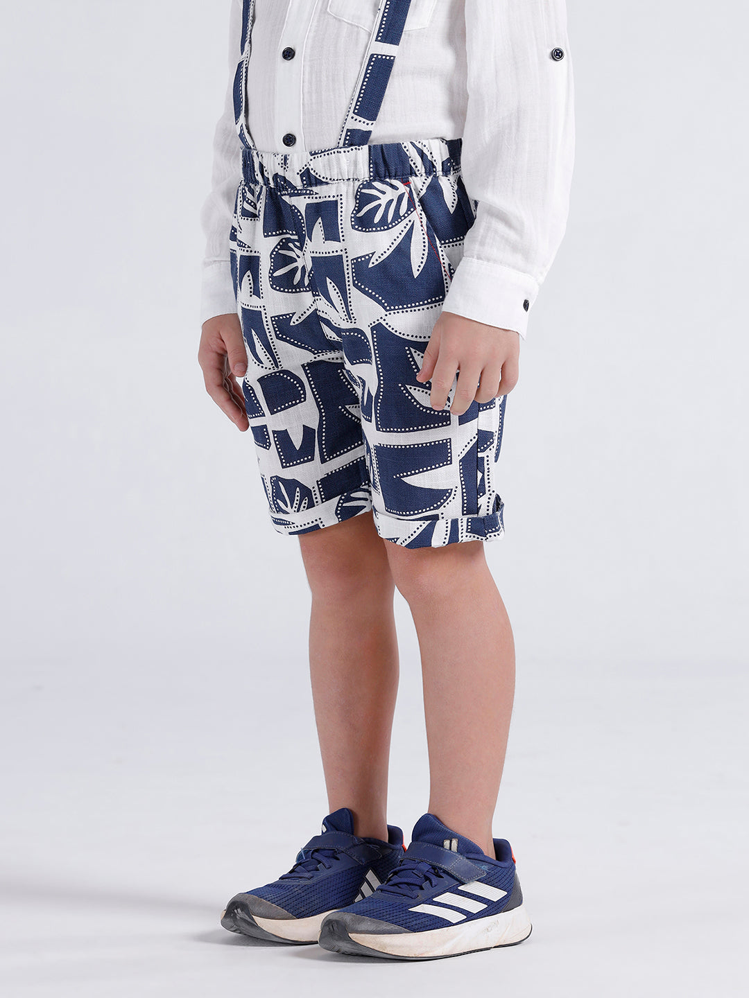 Boys printed shorts with self fabric suspenders