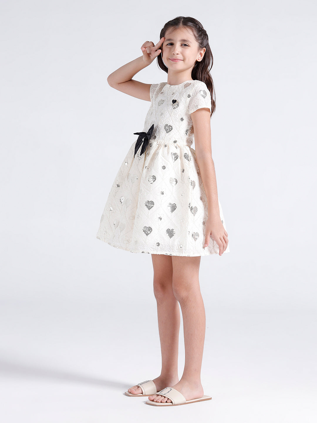 Girls dress with all over heart shape sequins emb