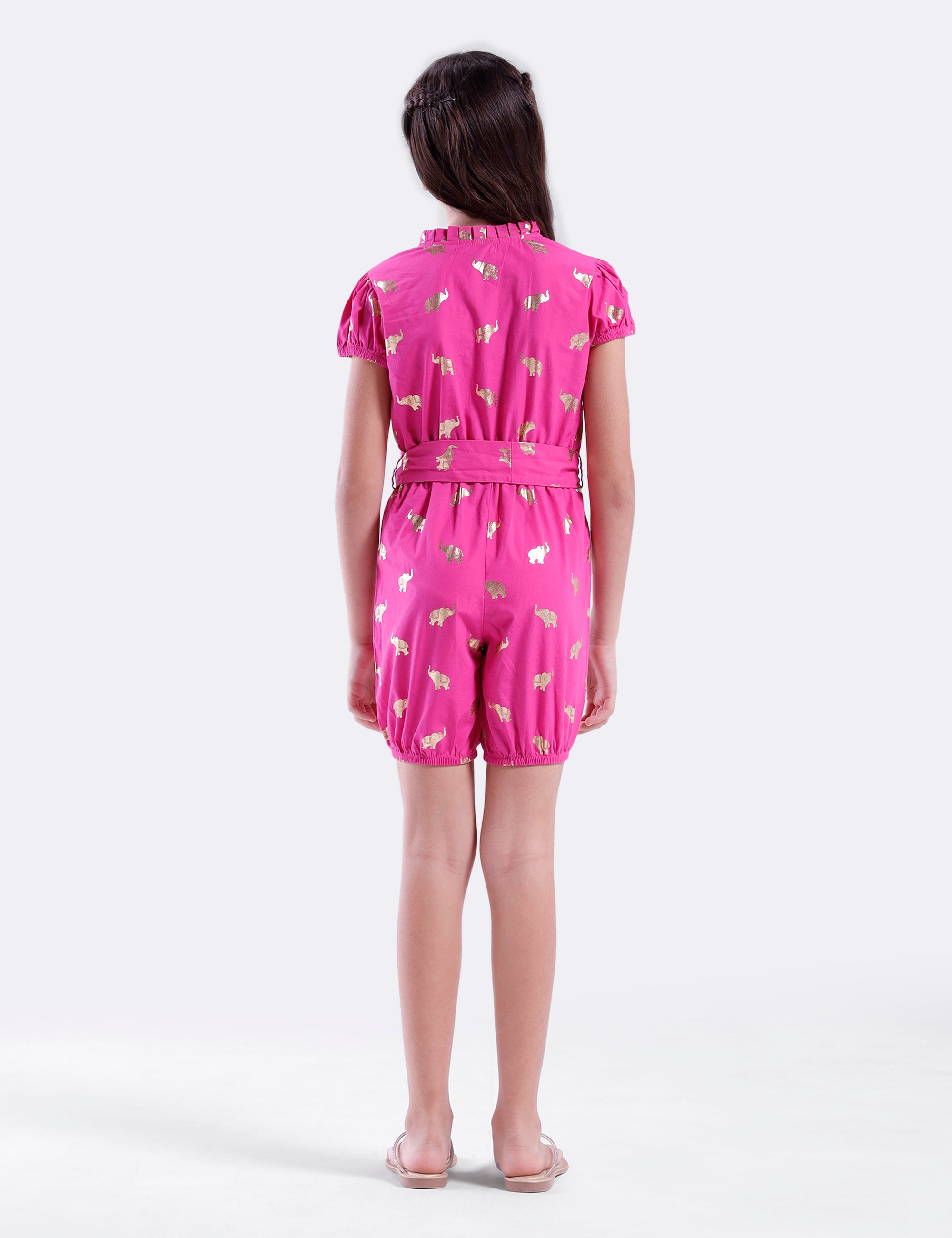 Girls all over foil printed Jumpsuit with self belt