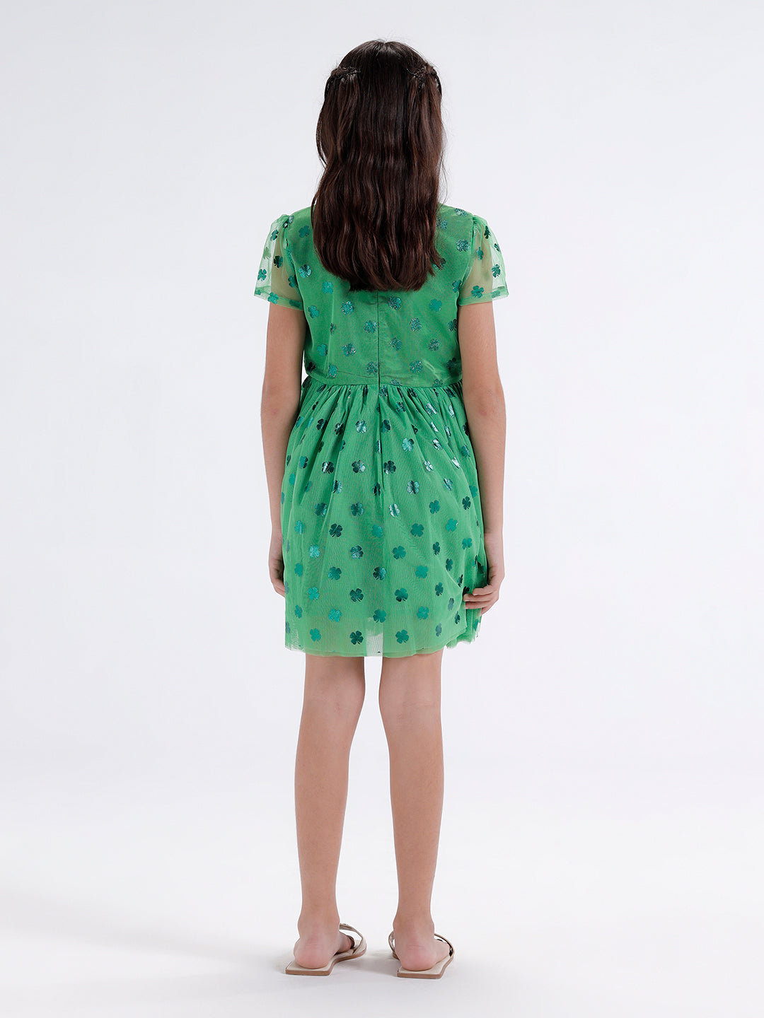 Girls foil print Mesh dress