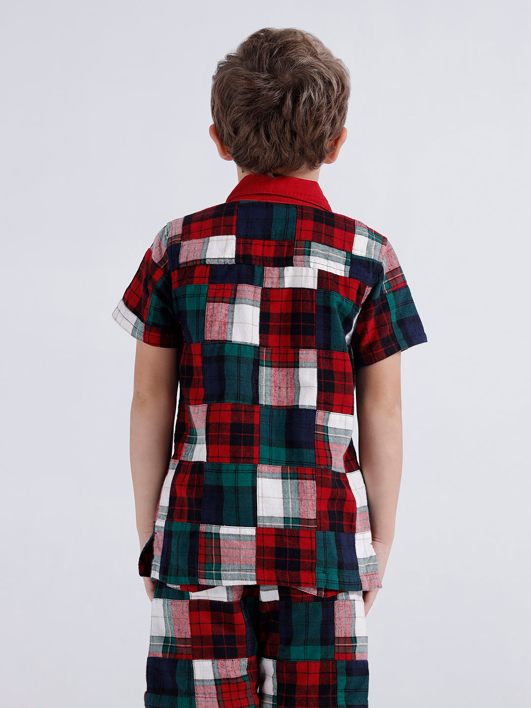 Boys short sleeve open collar patchwork shirt