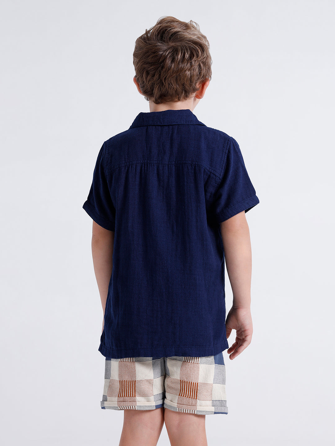 Boys short sleeve open collar shirt with chest embroidery