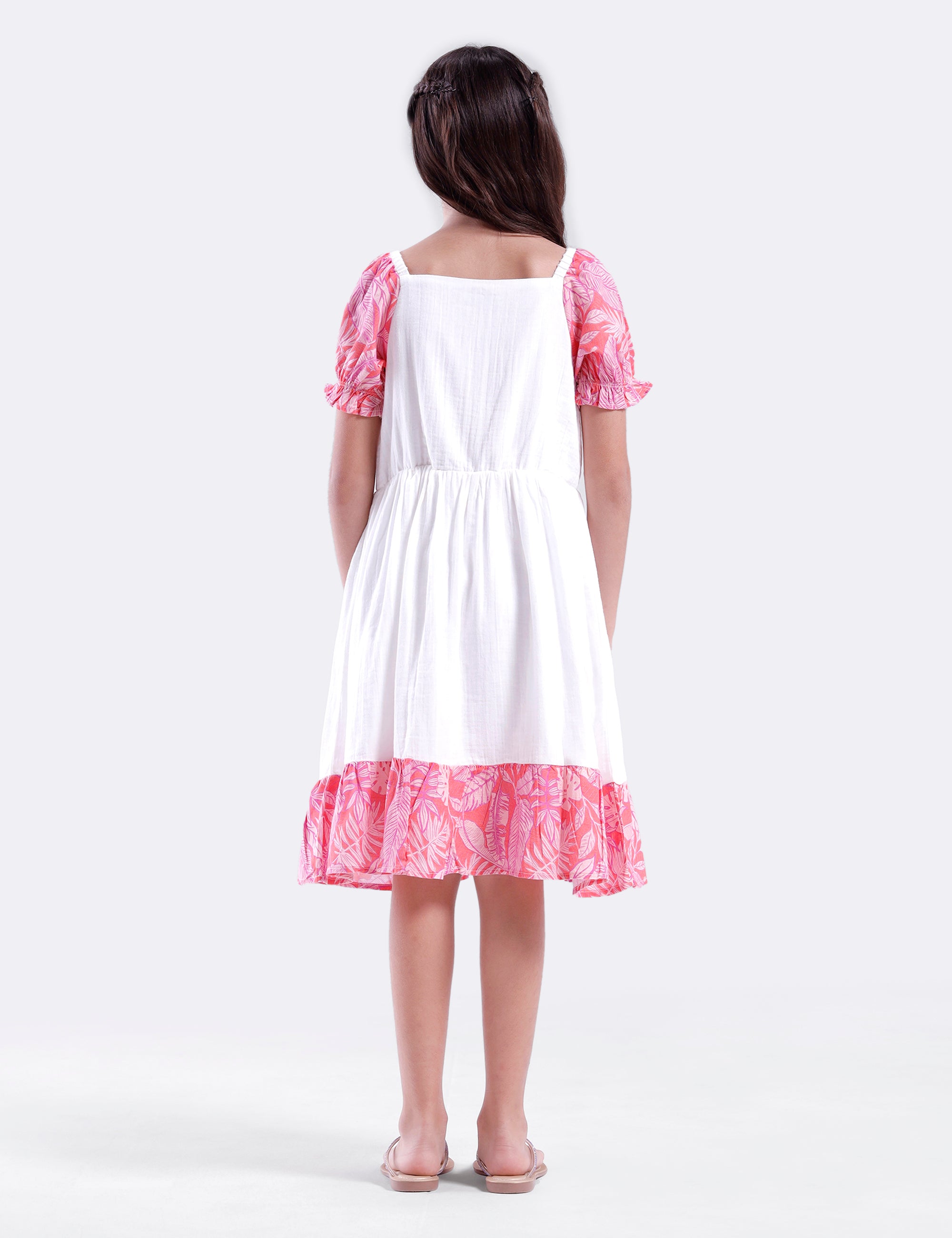 Girls solid dress with contrast printed sleeve and hem