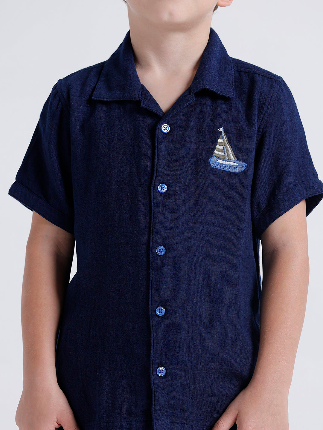 Boys short sleeve open collar shirt with chest embroidery