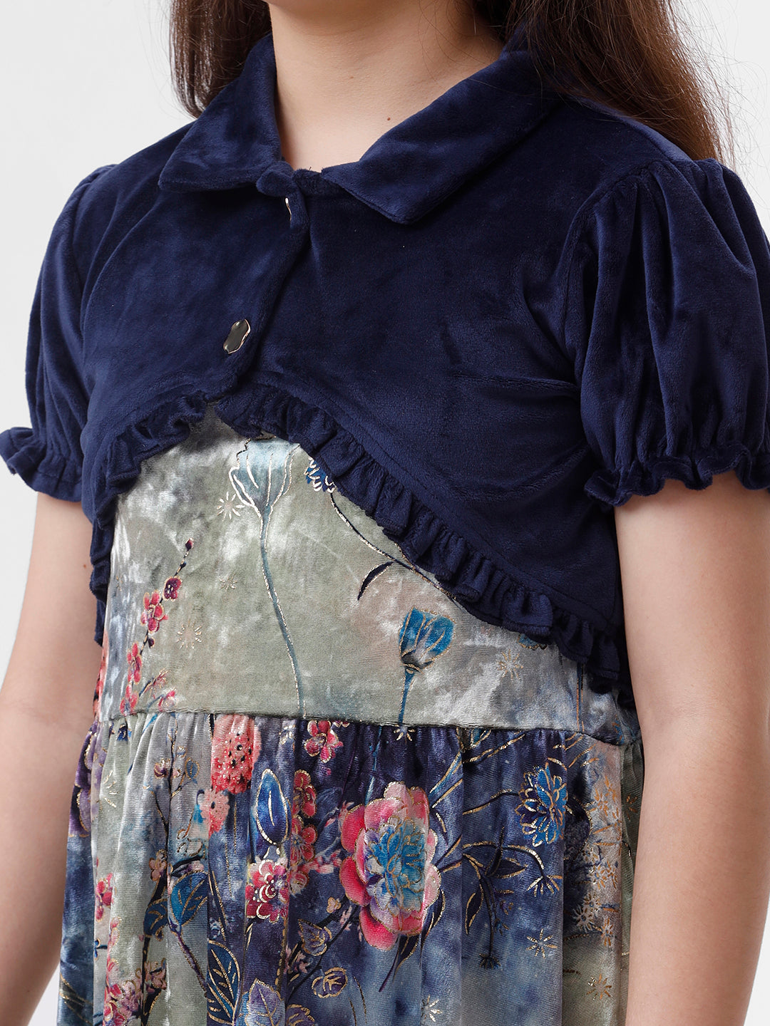 Girls Flock embrodery dress with velvet overcoat