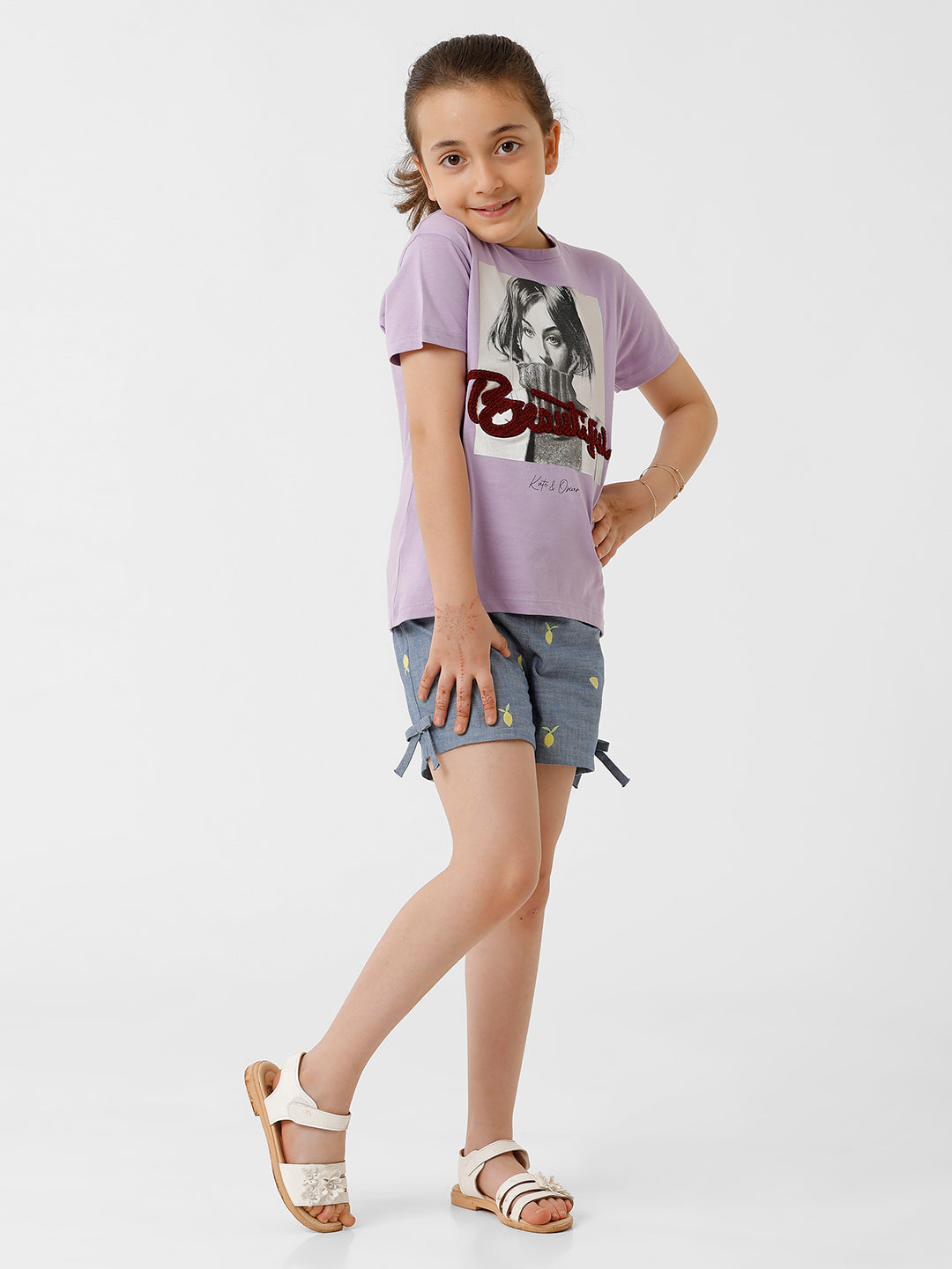 Girls Printed and Shiffley Embroidered T-shirt