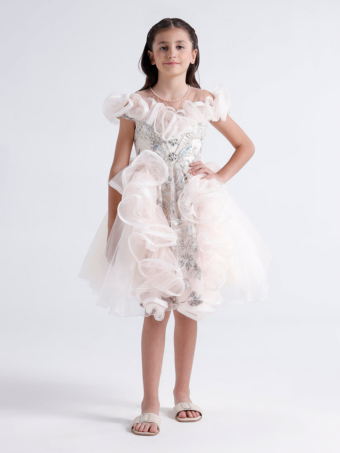 Girls long Dress with Glass beads embroidery with ruffles