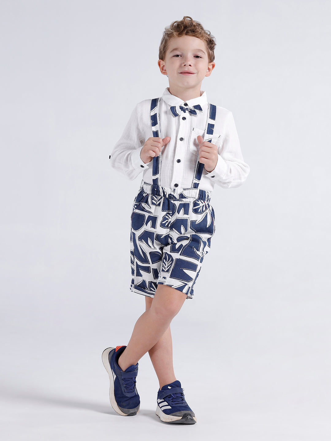 Boys printed shorts with self fabric suspenders