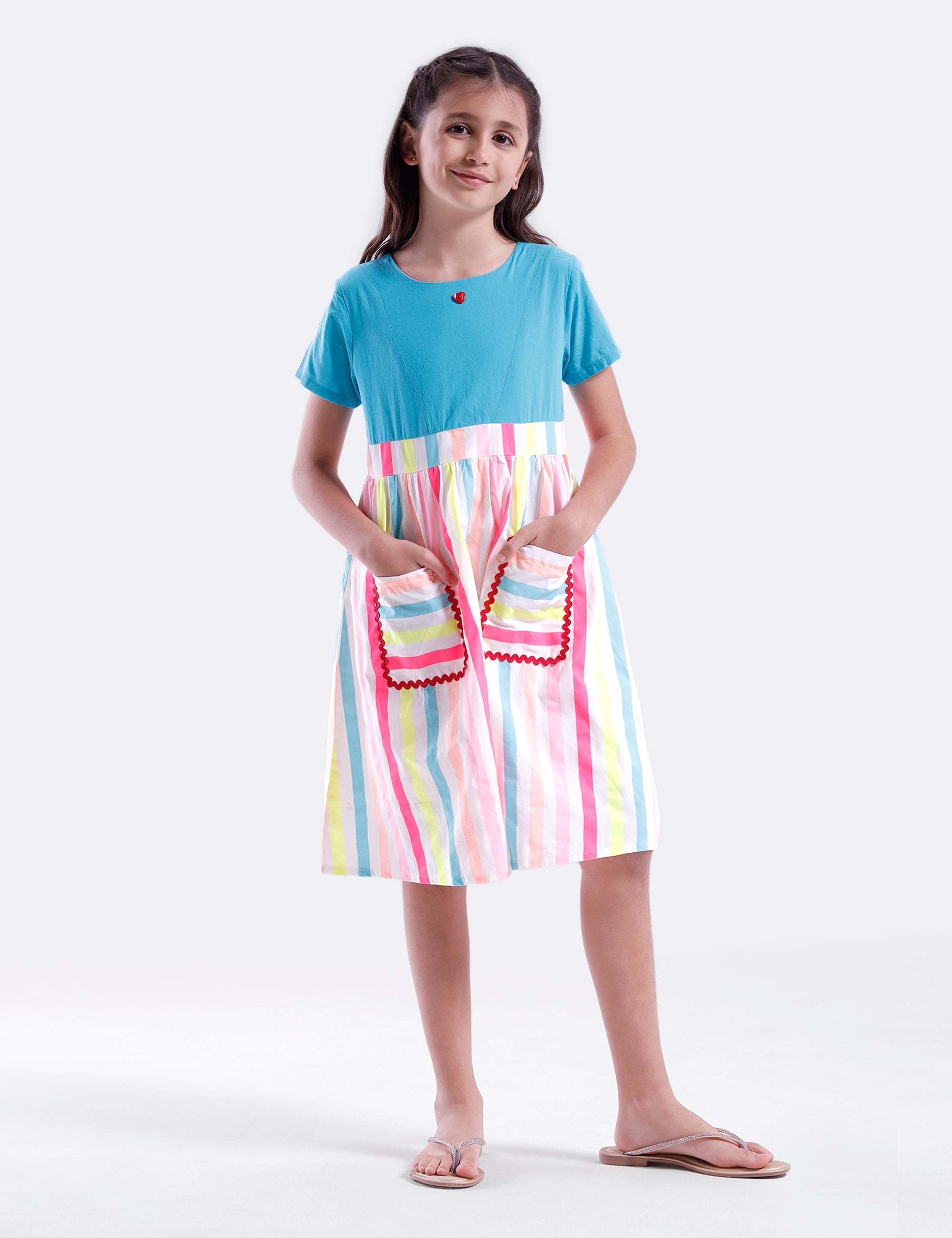 Girls dress with solid bodice & multicol stripe skirt