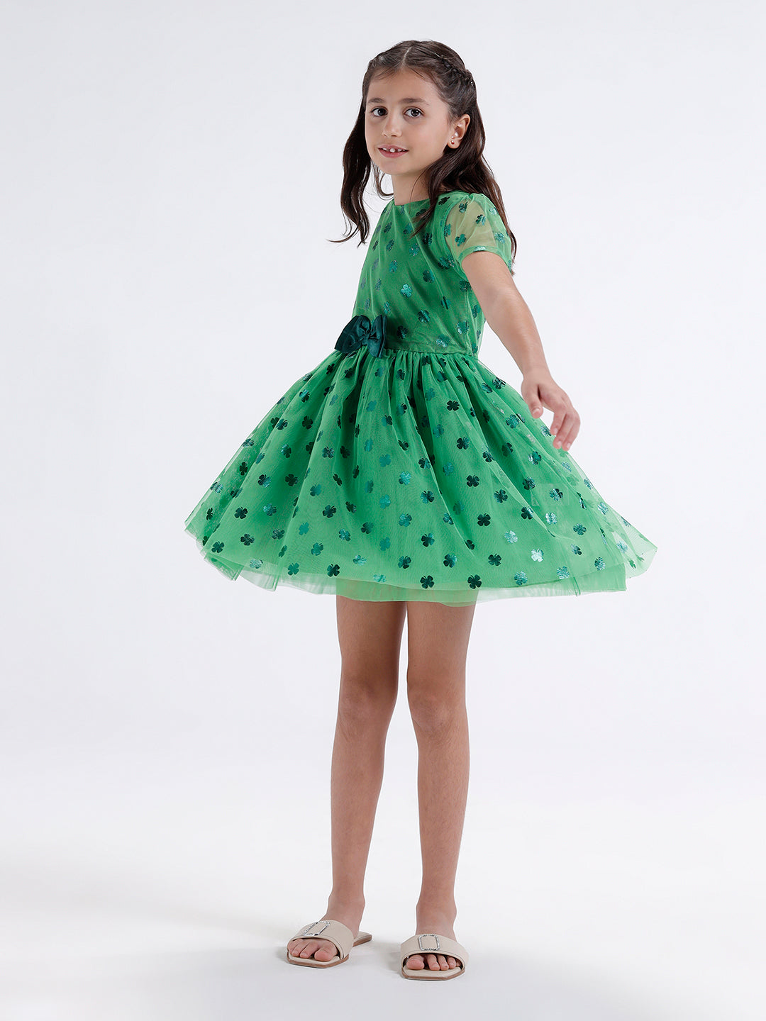 Girls foil print Mesh dress