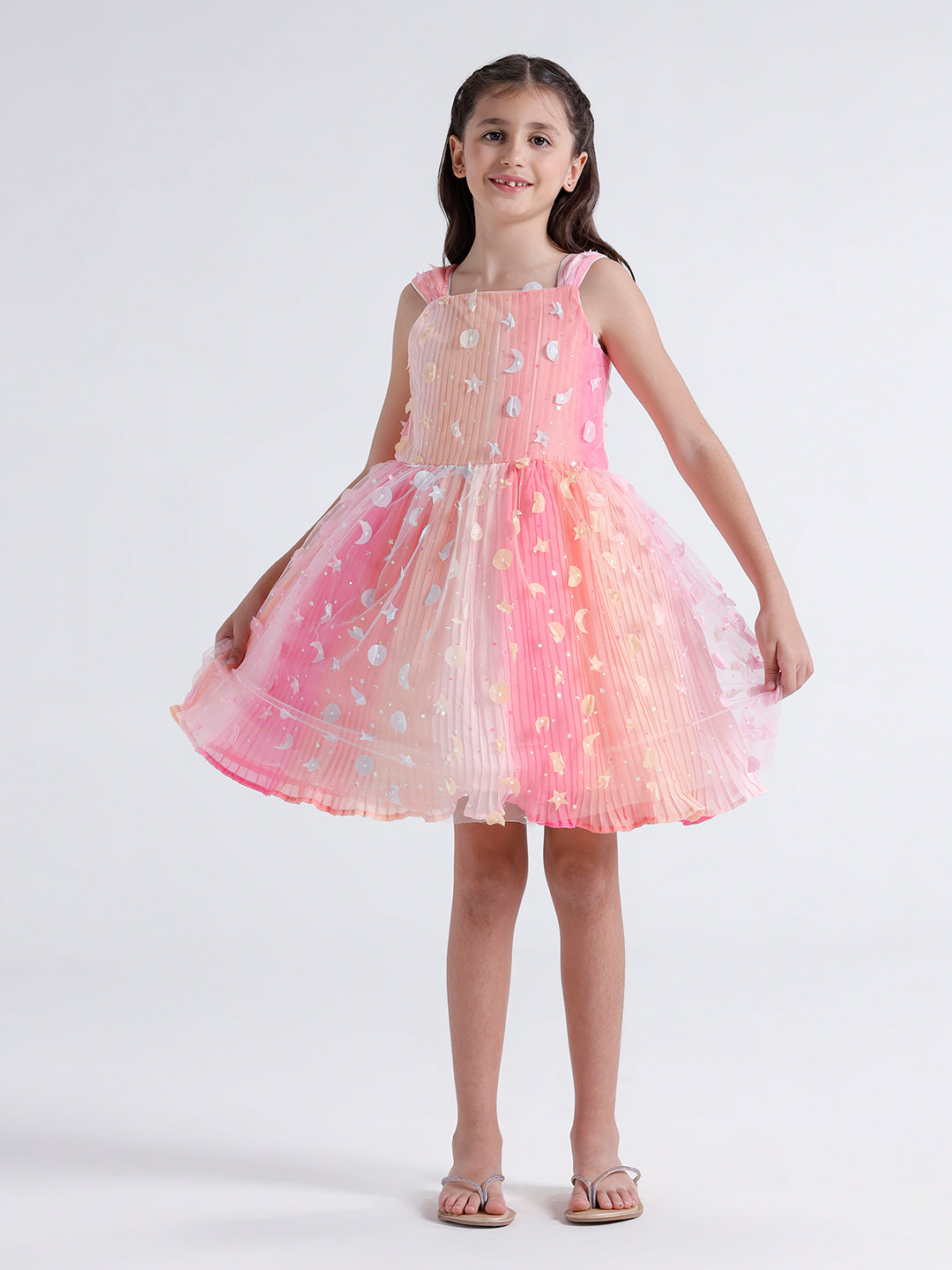 Girls lace dress with pleated multicolour lining