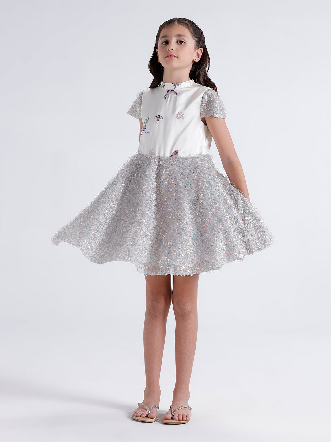 Girls Dress with Embroidered top & Fur botton