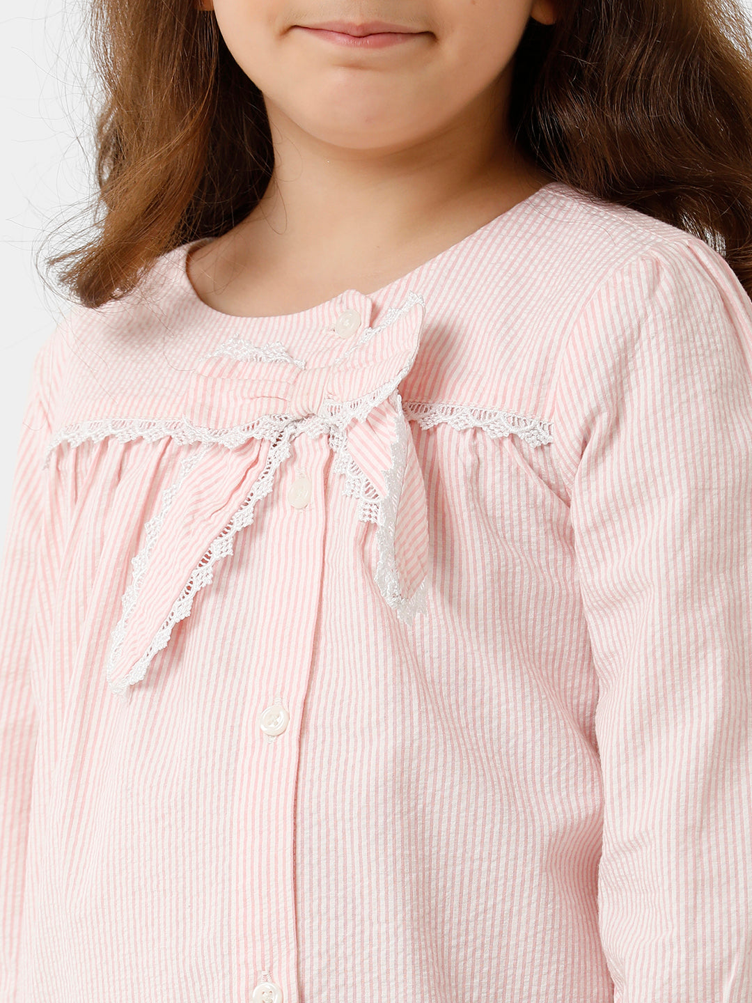 Girls Seersucker Striped Bow Top
